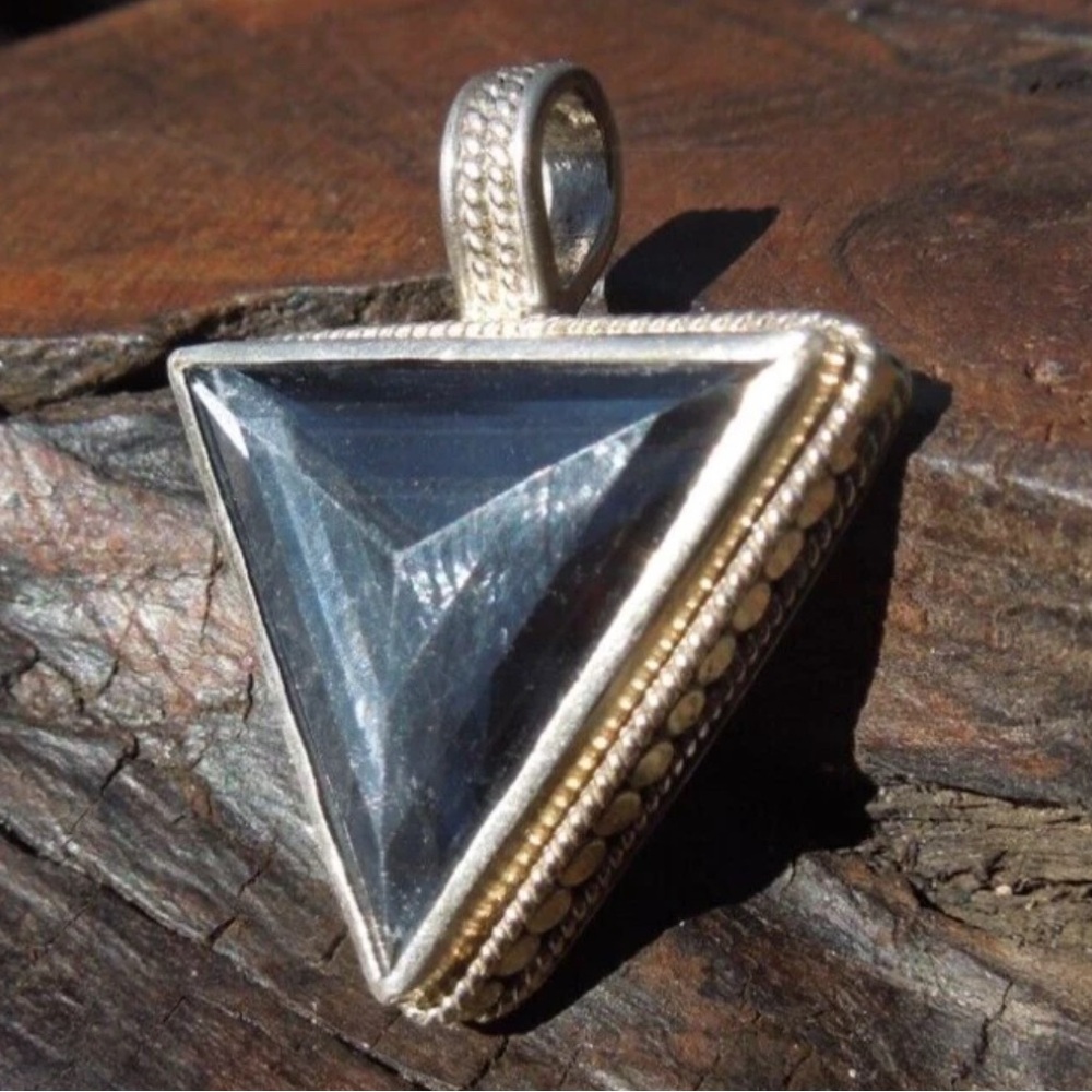 ANNA BECK 925 Sterling Silver Hematite Pebbled Triangle Pendant Signed